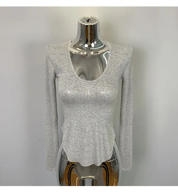 Women's Curved Chest Long Sleeve Brown T-Shirt — feature 10