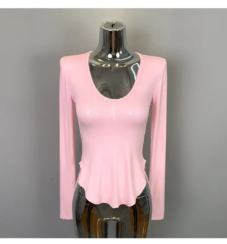 Women's Curved Chest Long Sleeve Brown T-Shirt — feature 12