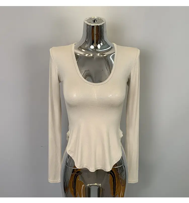 Women's Curved Chest Long Sleeve Brown T-Shirt — feature 15
