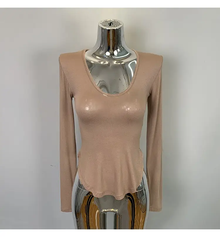 Women's Curved Chest Long Sleeve Brown T-Shirt — feature 16