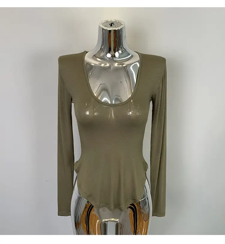 Women's Curved Chest Long Sleeve Brown T-Shirt — feature 17