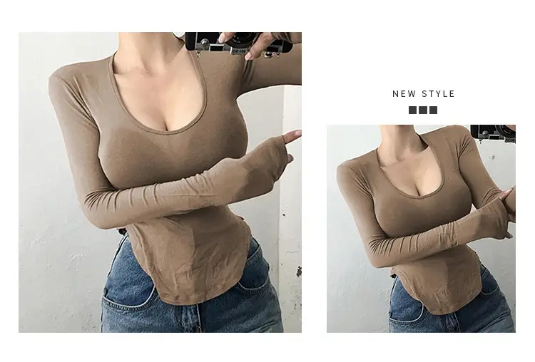 Women's Curved Chest Long Sleeve Brown T-Shirt — feature 2