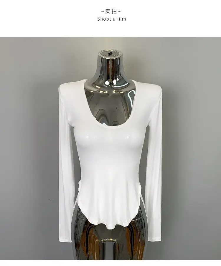 Women's Curved Chest Long Sleeve Brown T-Shirt — feature 9