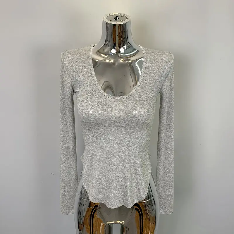Women's Curved Chest Long Sleeve Brown T-Shirt - Image 2