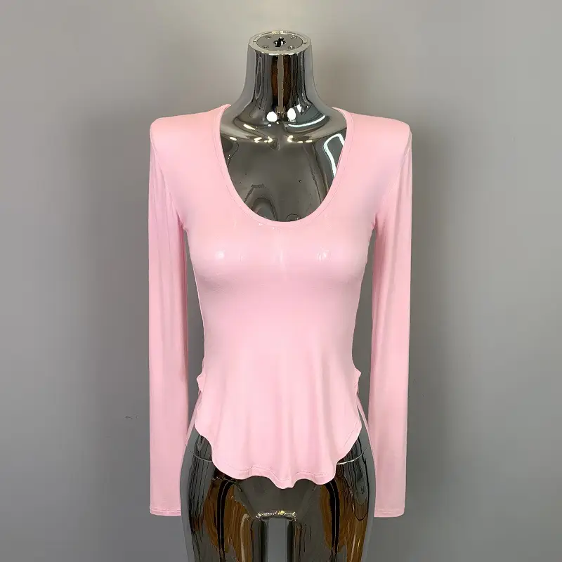 Women's Curved Chest Long Sleeve Brown T-Shirt - Image 4