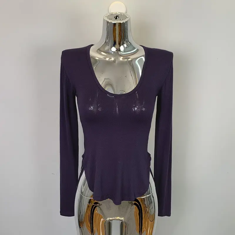 Women's Curved Chest Long Sleeve Brown T-Shirt - Image 8