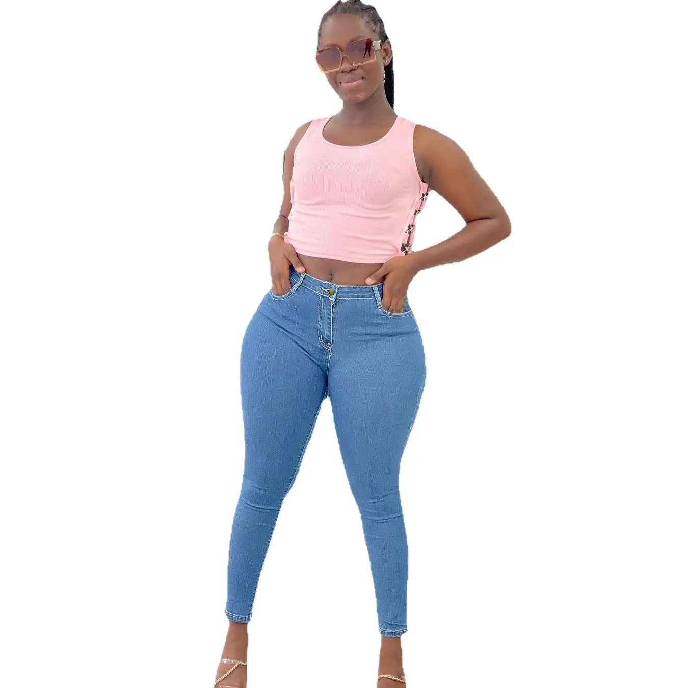 Women's Pink & Blue Skinny Jeans 2021 Early Autumn Hip Waist Design - Image 5