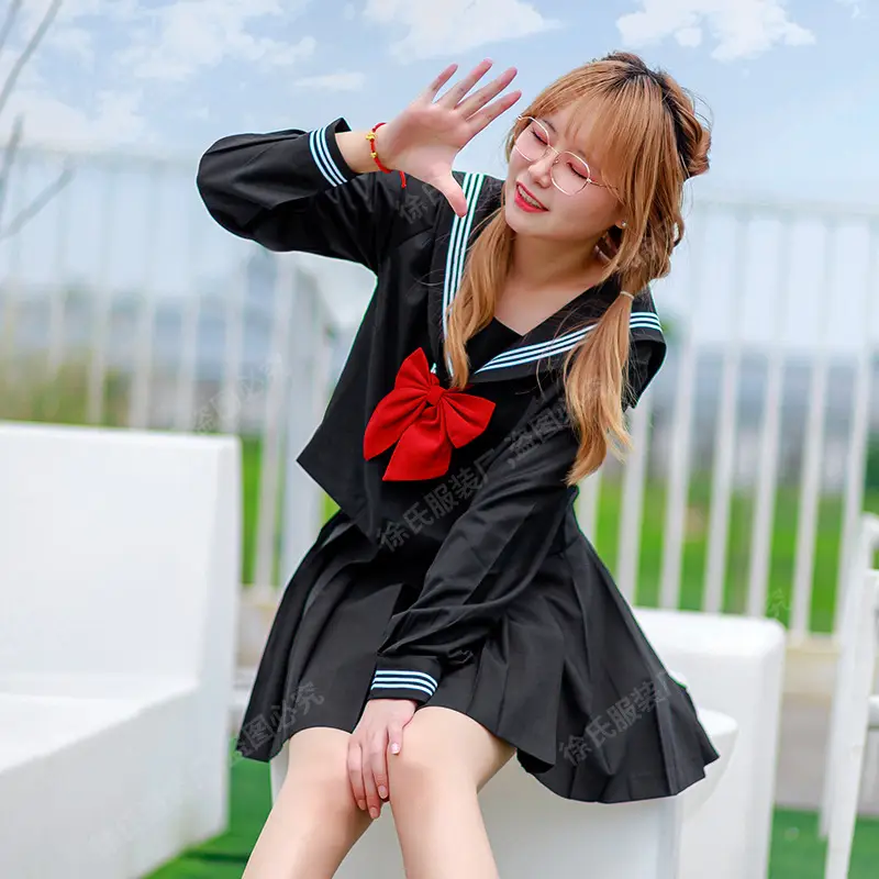 Black Sailor Shirt & Skirt Set with Bow