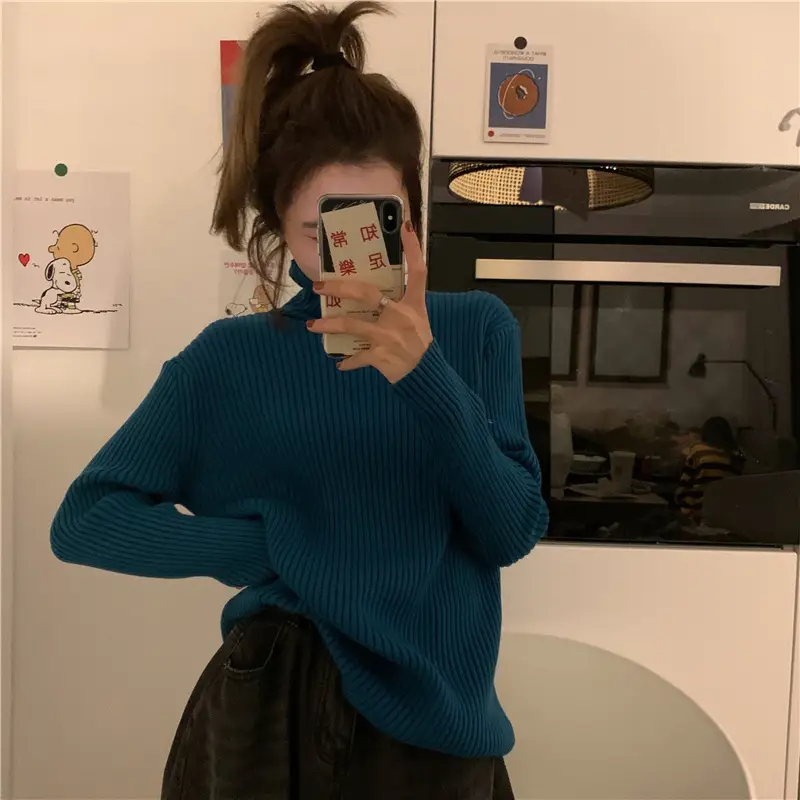 Women 2023 Turtleneck Sweater Blue Slim Fit - Image 9