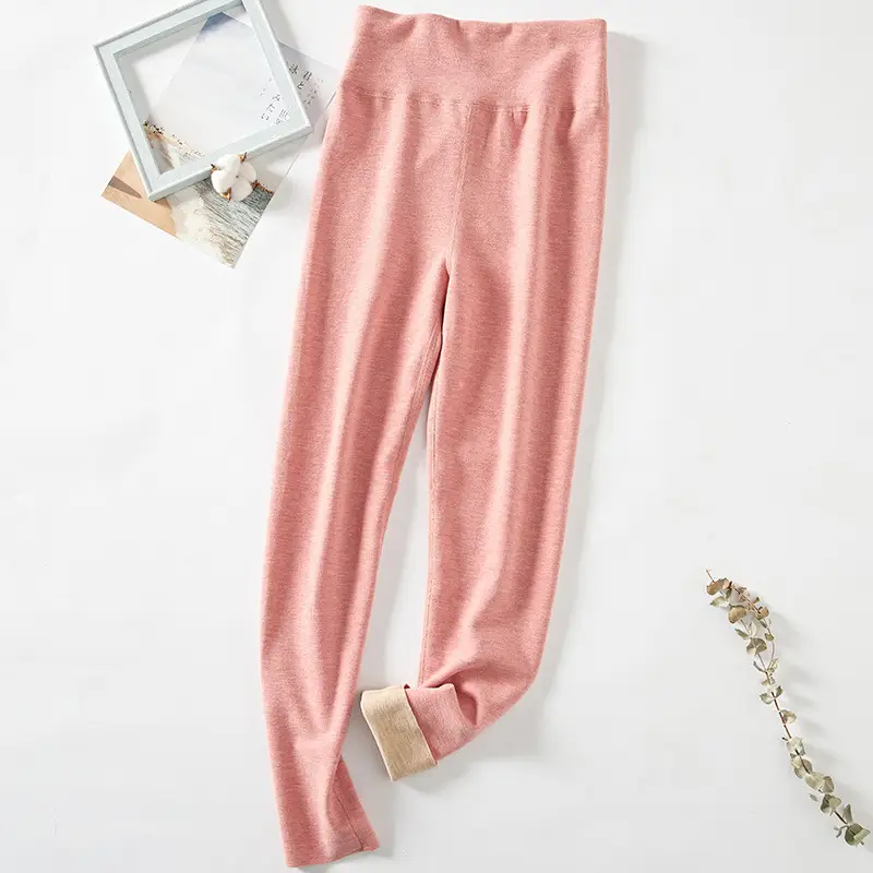 Women Velvet Silk Warm High Waist Leggings Pink - Image 3