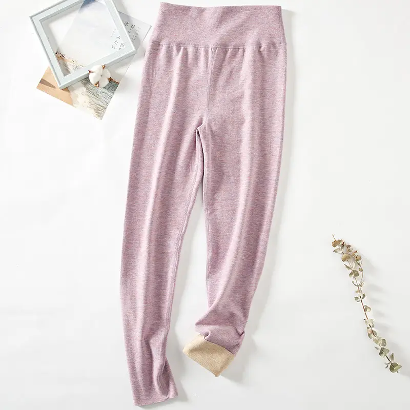 Women Velvet Silk Warm High Waist Leggings Pink - Image 4
