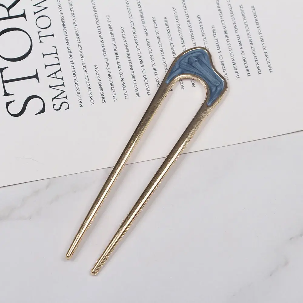 U-Shaped Metal Hairpin with Blue Shell Cap - Image 2