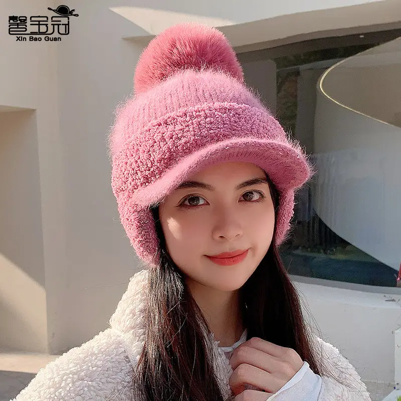 Pink Wool Beanie for Women Winter Ear Protection - Image 3