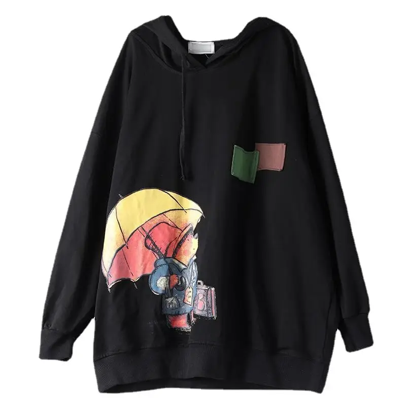 Women Hooded Sweatshirt Black Cartoon Print Plus Size - Image 4