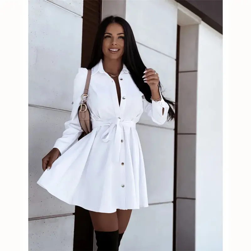 White Lace-Up Lapel Belted Dress for Women