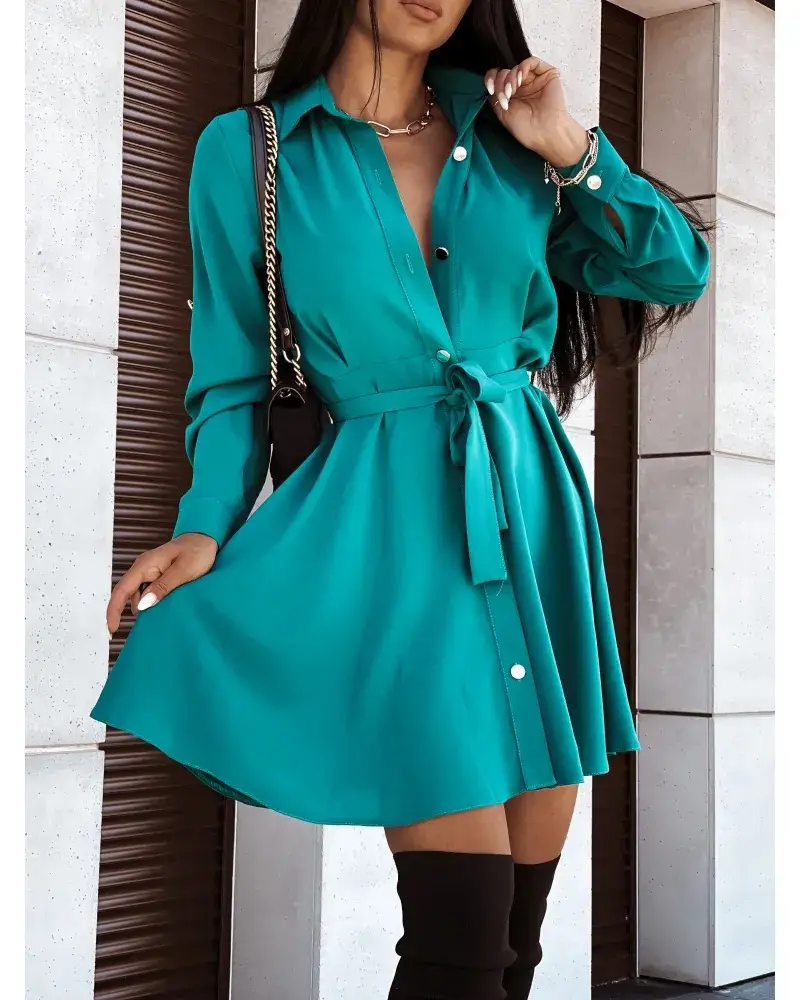 White Lace-Up Lapel Belted Dress for Women