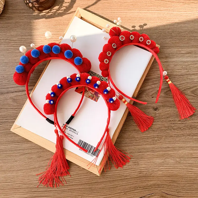 Red Pearl Pom Pom Tassel Headband for Girls