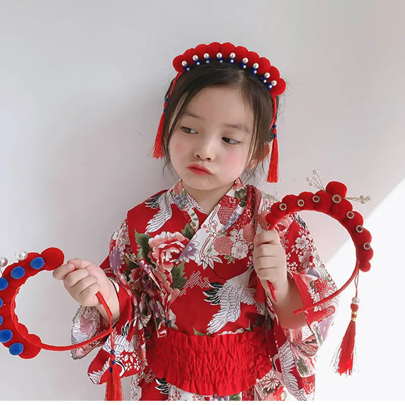 Red Pearl Pom Pom Tassel Headband for Girls