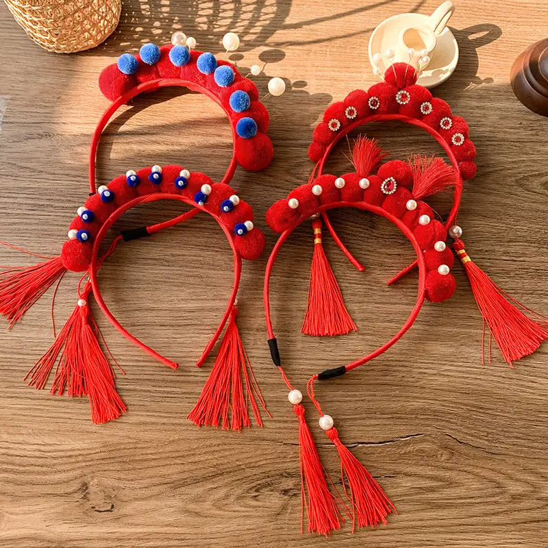 Red Pearl Pom Pom Tassel Headband for Girls