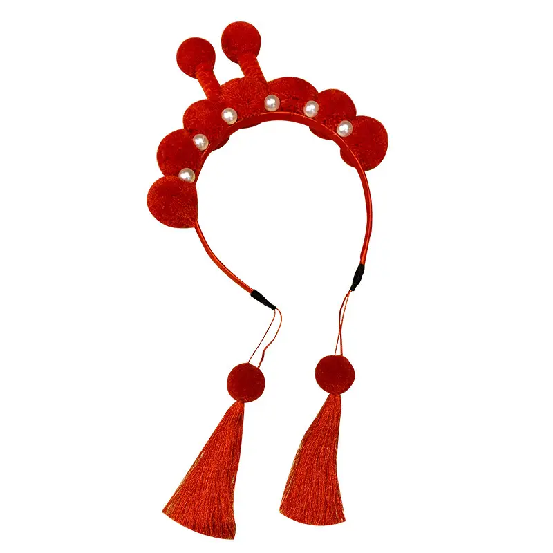 Red Pearl Pom Pom Tassel Headband for Girls