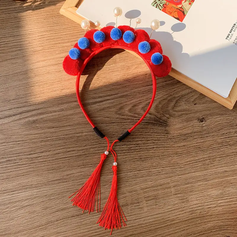 Red Pearl Pom Pom Tassel Headband for Girls