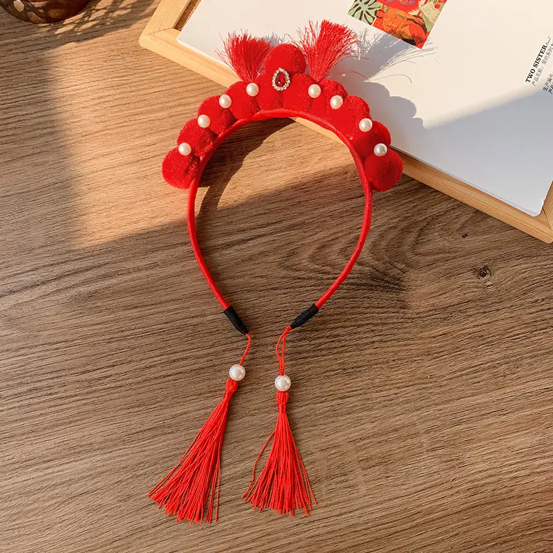 Red Pearl Pom Pom Tassel Headband for Girls