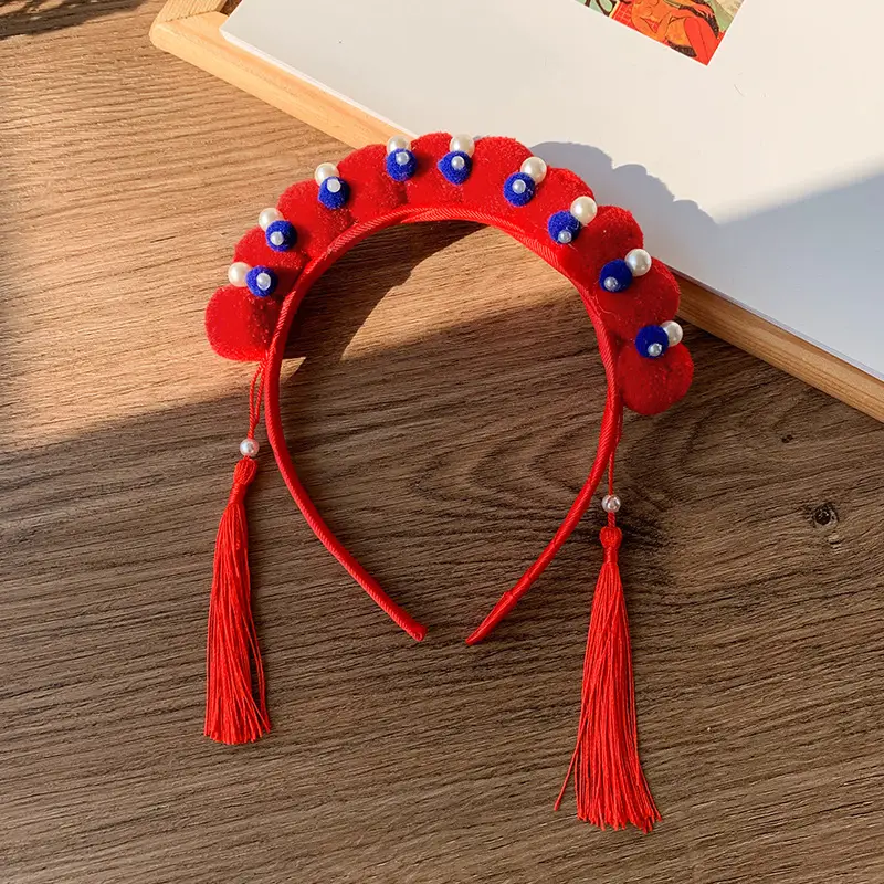 Red Pearl Pom Pom Tassel Headband for Girls