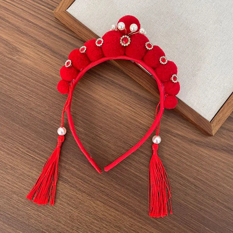 Red Pearl Pom Pom Tassel Headband for Girls