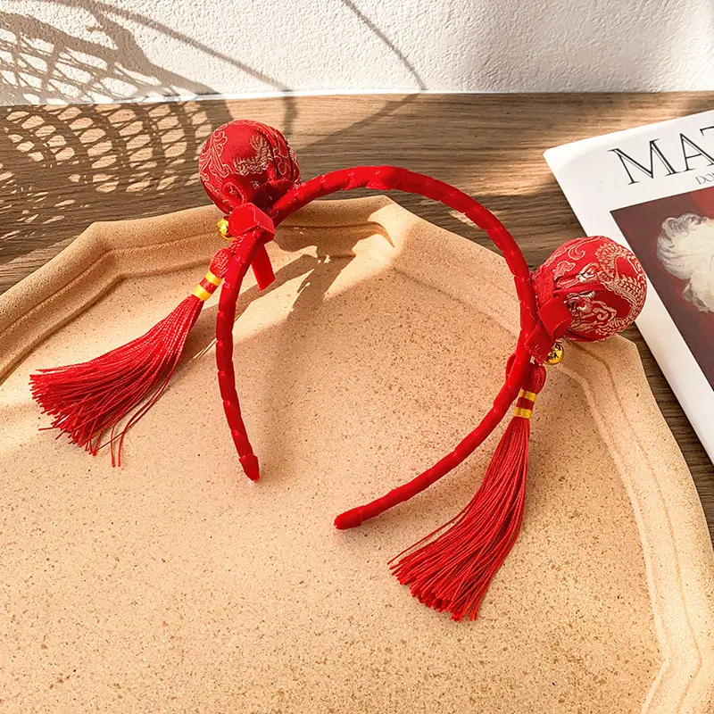 Red Pearl Pom Pom Tassel Headband for Girls