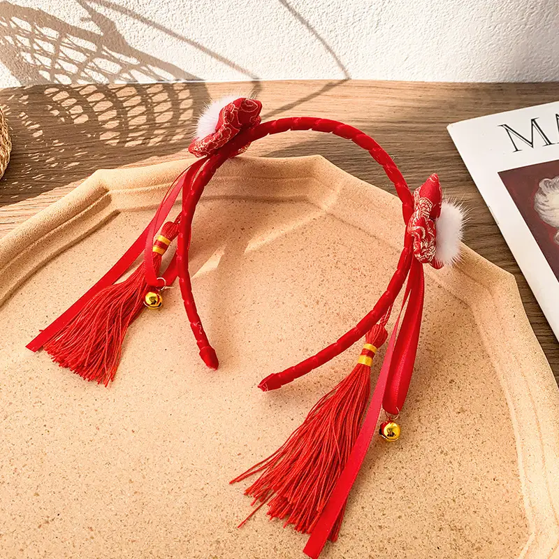 Red Pearl Pom Pom Tassel Headband for Girls