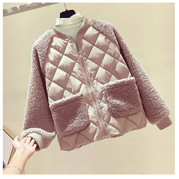 Women's Pink Quilted Fleece Jacket Winter Warmth Loose Fit — feature 8