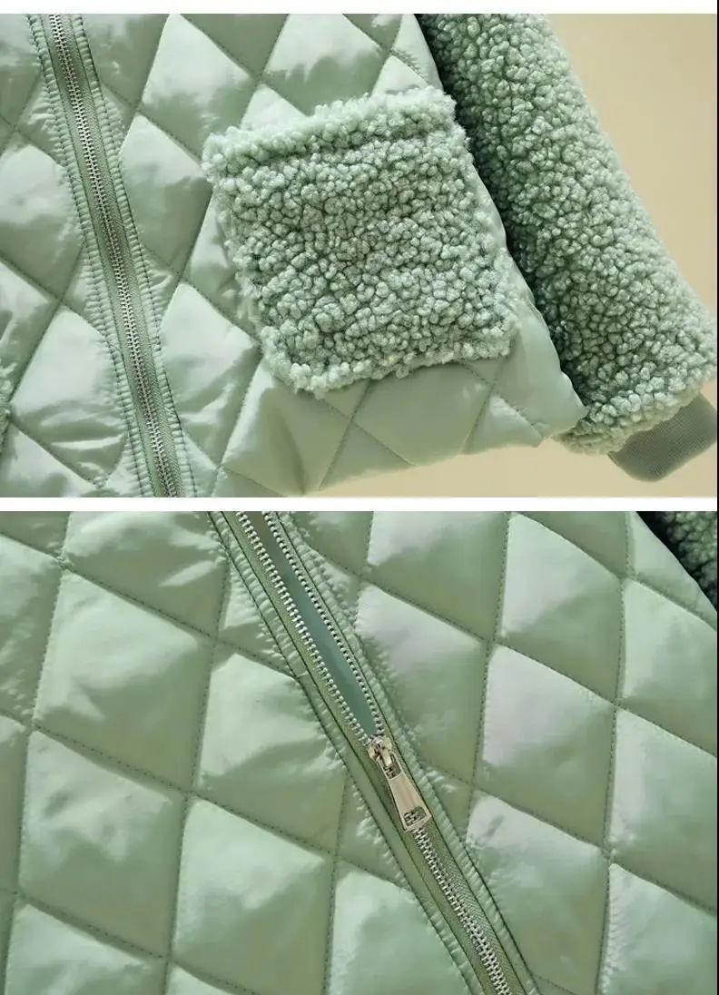 Women's Pink Quilted Fleece Jacket Winter Warmth Loose Fit — feature 9