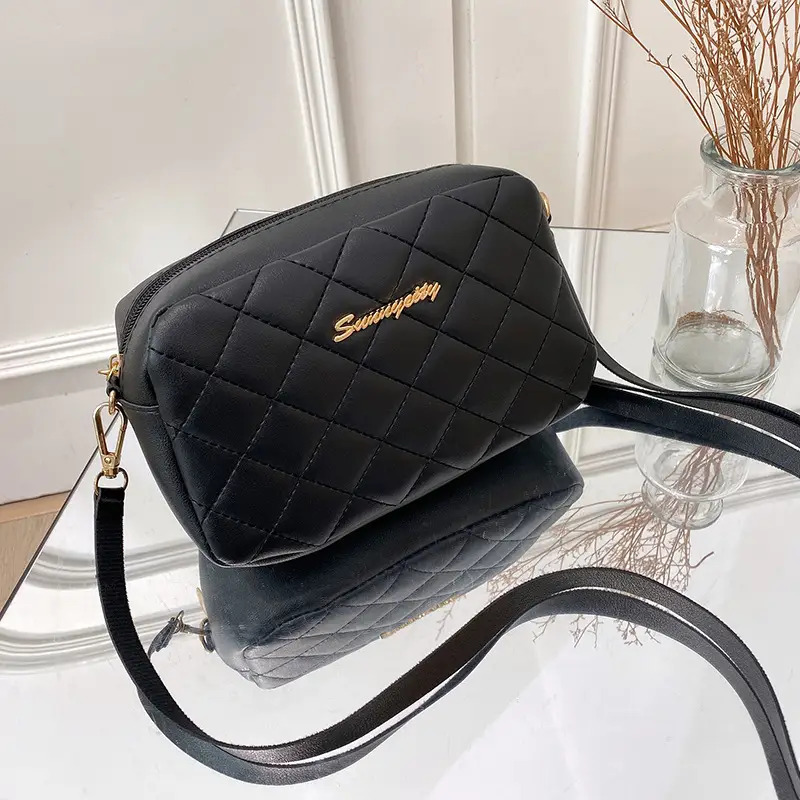 Black Quilted Shoulder Bag with Embroidery - Image 3