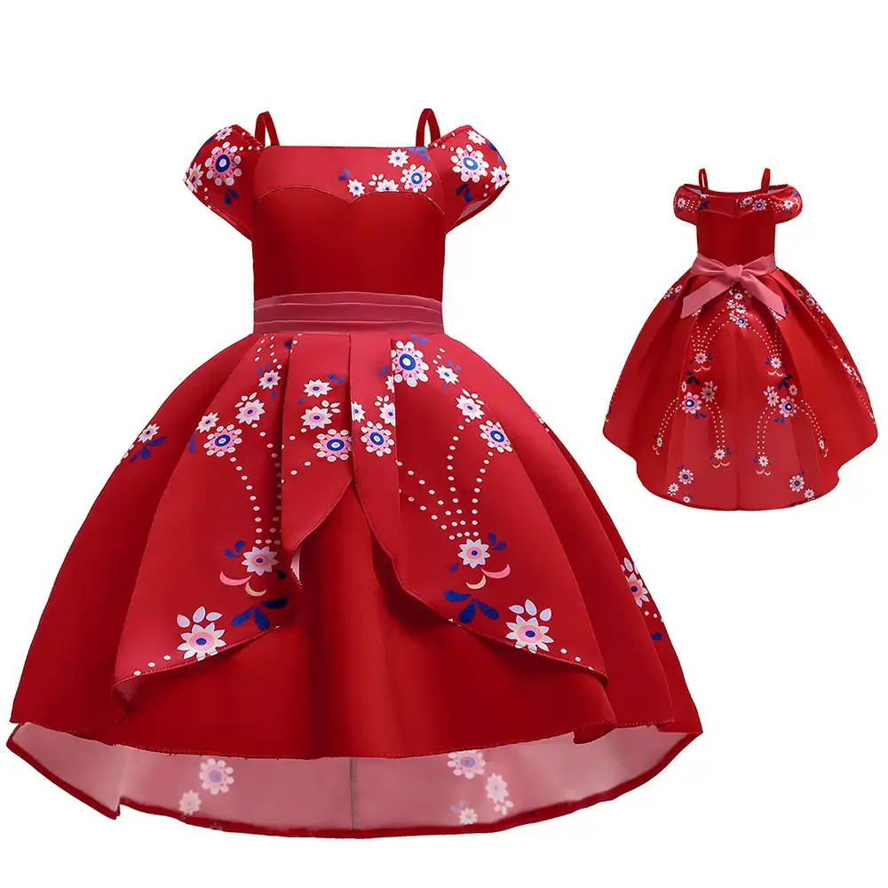 Red Floral Princess Dress for Girls Christmas Party Wear - Image 3