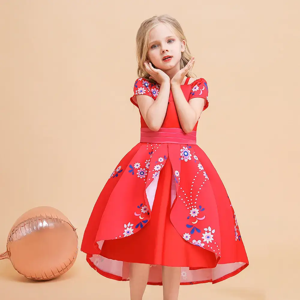 Red Floral Princess Dress for Girls Christmas Party Wear - Image 4