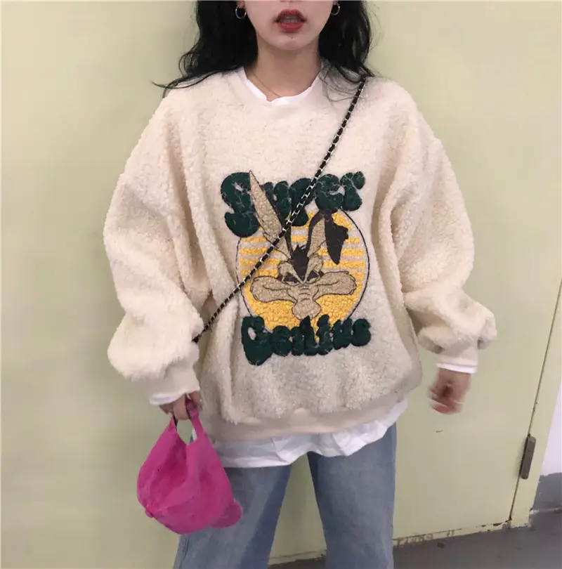 Lamb Wool Super Butterfly Print Women Sweatshirt Pink — feature 15