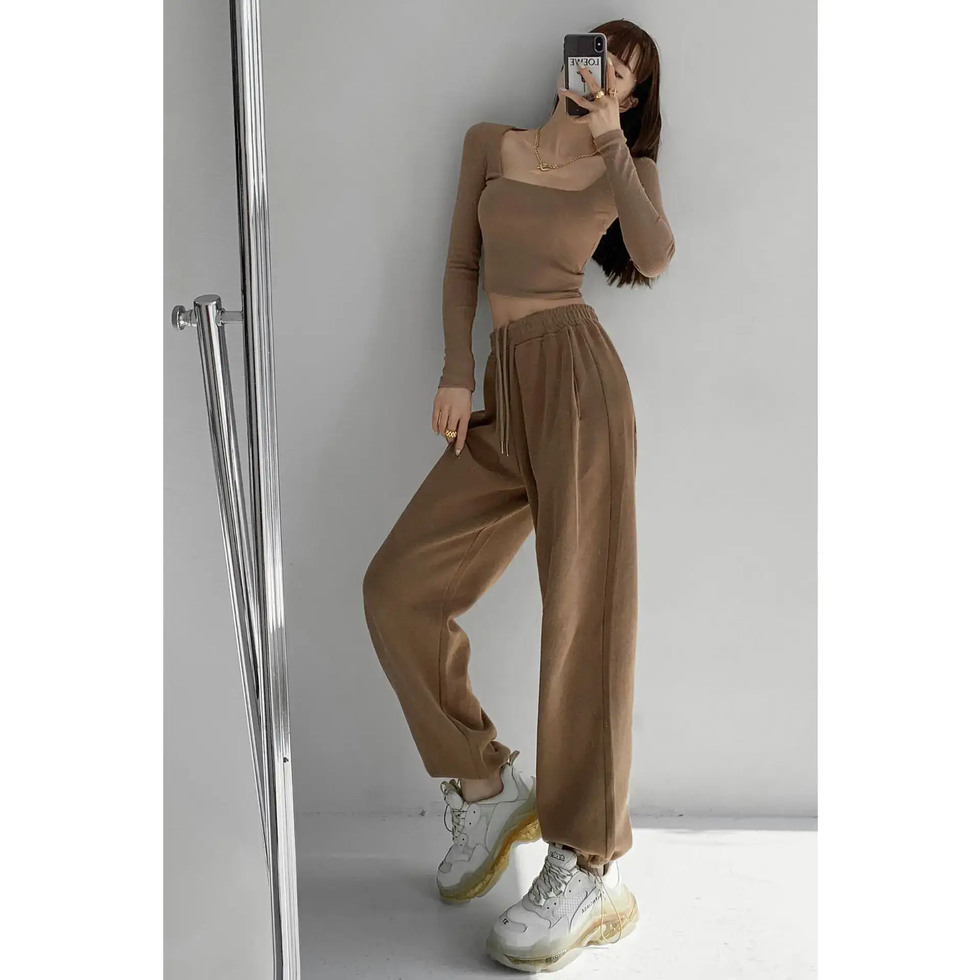 Women White Knitted Cotton Street Sports Pants - Image 21