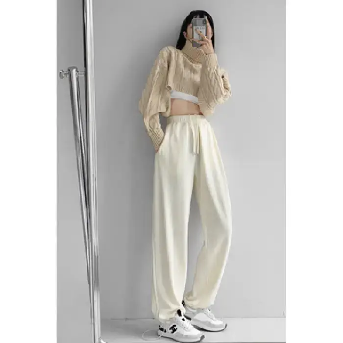 Women White Knitted Cotton Street Sports Pants - Image 14