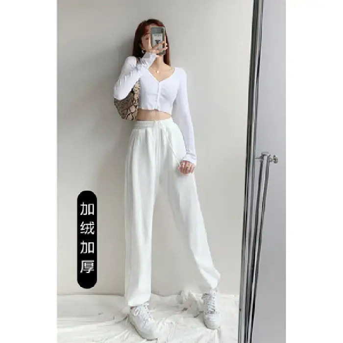 Women White Knitted Cotton Street Sports Pants - Image 16