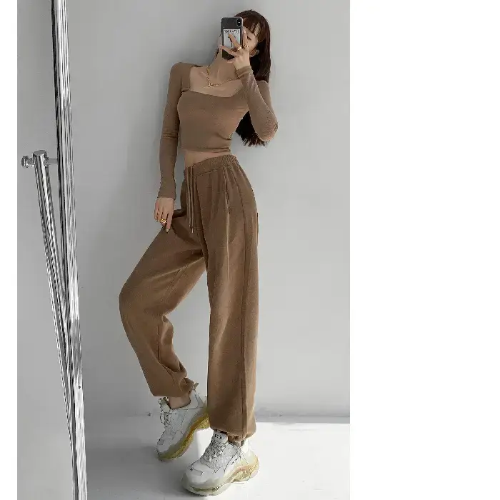 Women White Knitted Cotton Street Sports Pants - Image 2