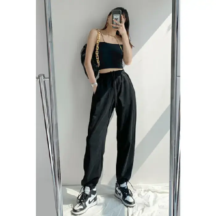 Women White Knitted Cotton Street Sports Pants - Image 3