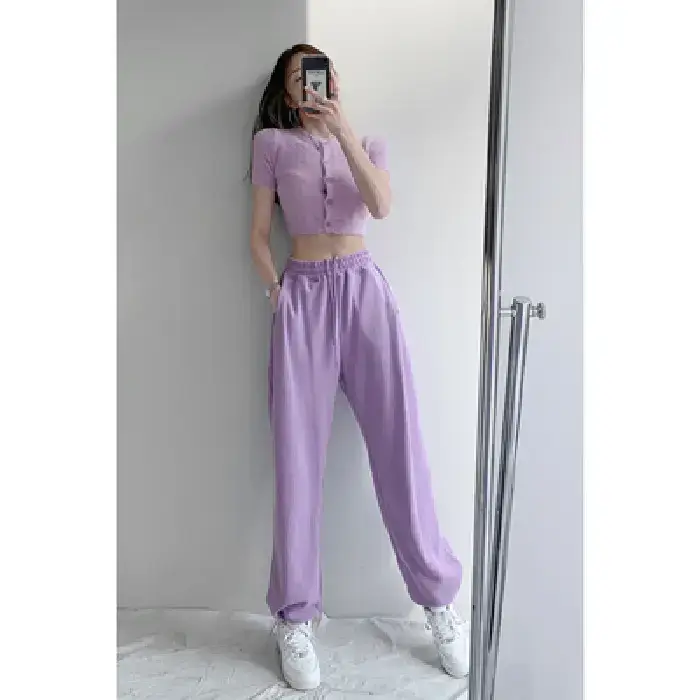 Women White Knitted Cotton Street Sports Pants - Image 4