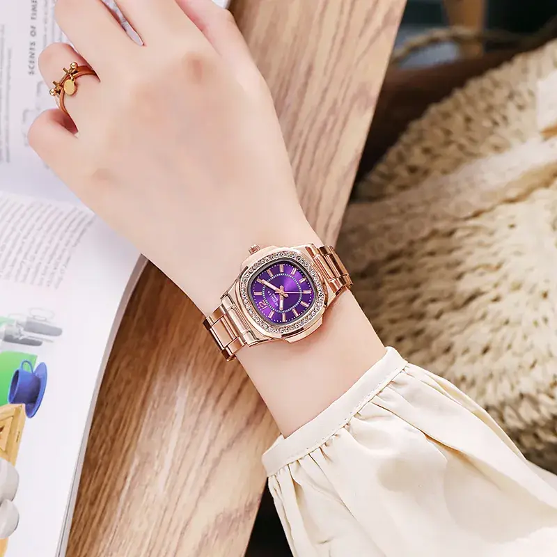 Women's Rose Gold Diamond Watch with Red Dial - Image 6