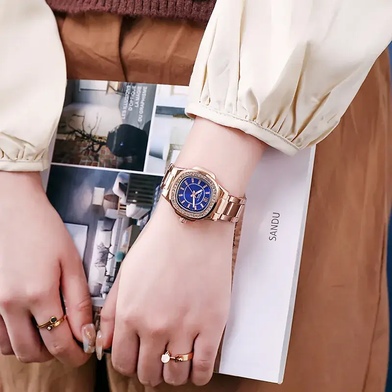 Women's Rose Gold Diamond Watch with Red Dial - Image 8