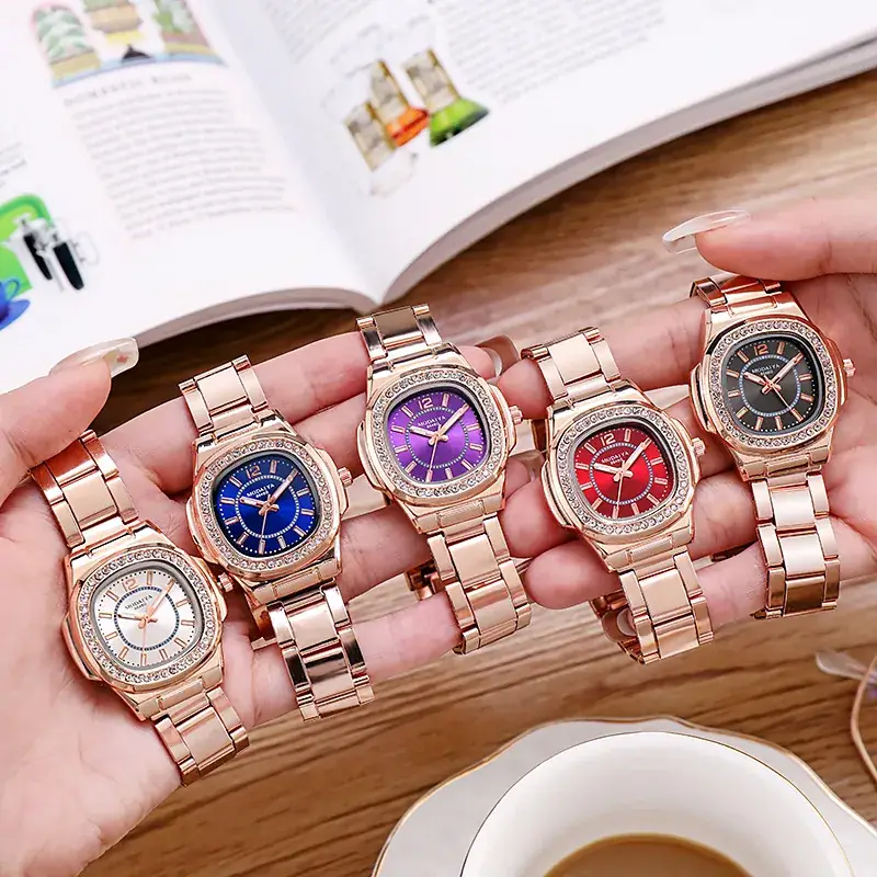 Women's Rose Gold Diamond Watch with Red Dial - Image 9