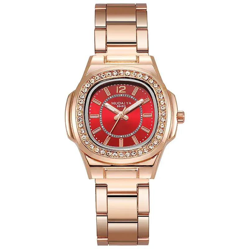 Women's Rose Gold Diamond Watch with Red Dial - Image 2