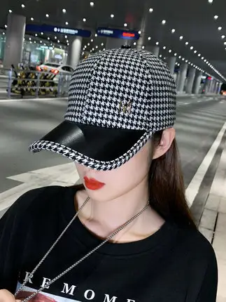 Women British Houndstooth Peaked Cap Autumn Winter