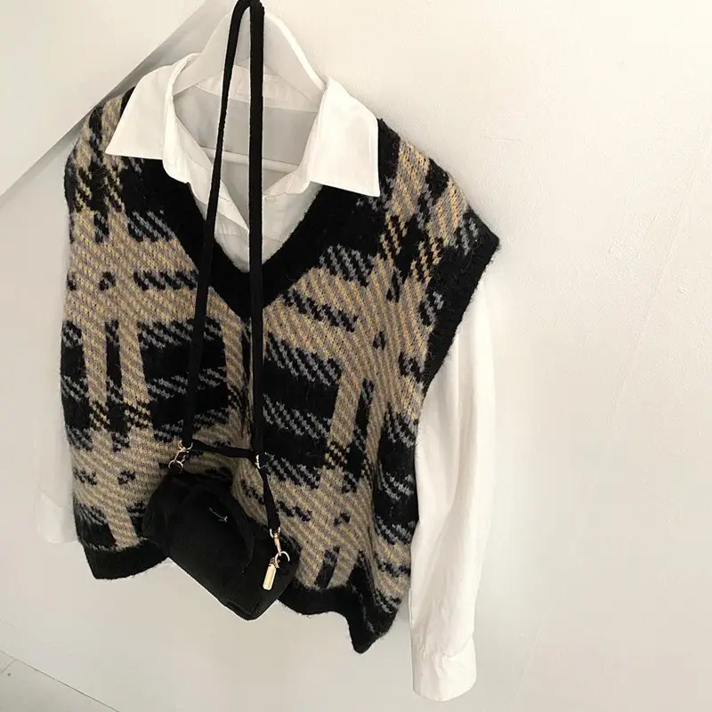 Western Plaid Knit Vest for Women 2023 Spring Fall — feature 6