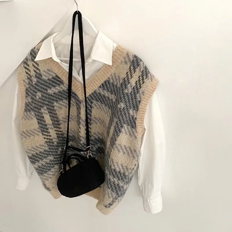 Western Plaid Knit Vest for Women 2023 Spring Fall — feature 7