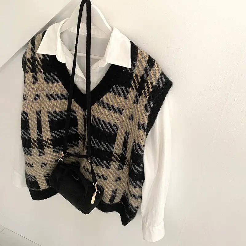 Western Plaid Knit Vest for Women 2023 Spring Fall - Image 2